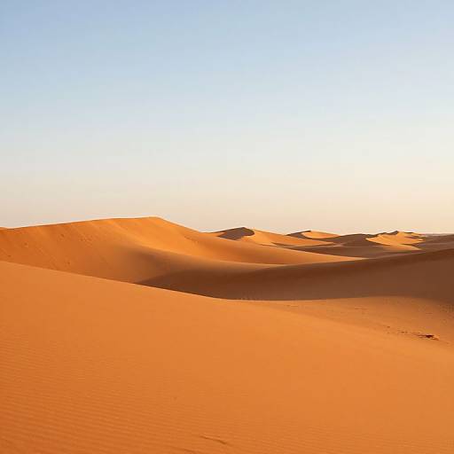 Photograph of a vast, sunlit desert with vibrant orange sand dunes under a clear, gradient blue-to-yellow sky.