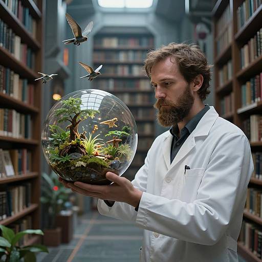 Photograph of a bearded man in a white lab coat holding a glass sphere with plants, surrounded by fluttering birds in a dimly lit,