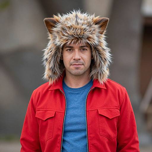 Photograph of a man with light skin, brown eyes, and short beard, wearing a red jacket, blue shirt, and a furry wolf hat with