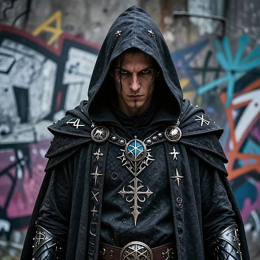 Photograph of a brooding, dark-haired man in a black hooded cloak adorned with silver runes and a glowing blue gem, standing against a graffiti