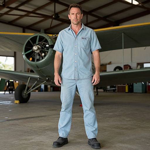 Photograph of a serious, middle-aged white man in light blue mechanic uniform standing in an aircraft hangar with a vintage plane in the background.