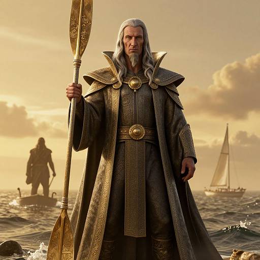 Digital artwork of an elderly, white-haired wizard with a long beard, wearing an ornate, dark robe and holding a golden staff, standing on a