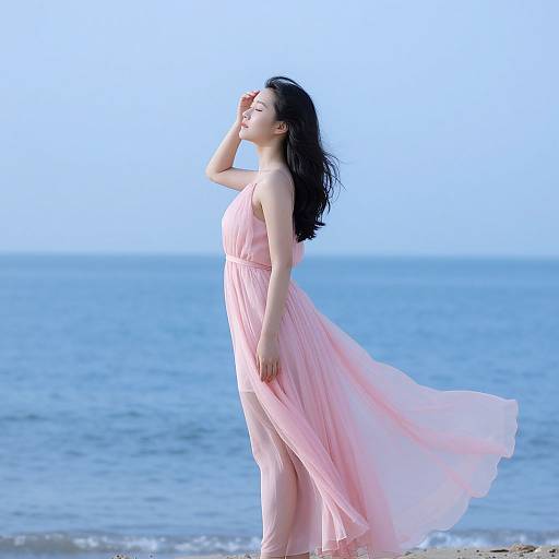 Photograph of an Asian woman with long black hair, wearing a flowing pink dress, standing by a calm blue ocean, gently lifting her hand to her