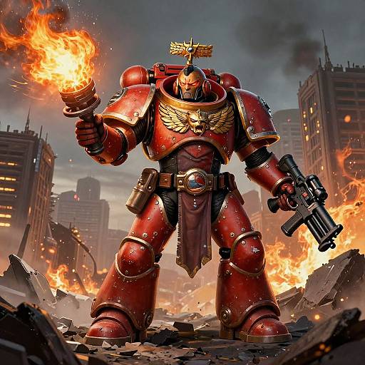 Digital art of a muscular, red armored warrior with a fiery hand, golden wings, and a cityscape engulfed in flames in the background. He