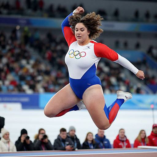 Photograph of a curly-haired female gymnast mid-jump in a red, white, and blue leotard, with Olympic rings visible, in