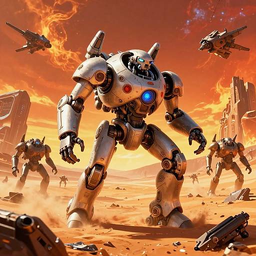 Digital artwork of a silver, humanoid robot with blue and red lights, standing in a fiery desert, surrounded by smaller robots and debris, under a blazing