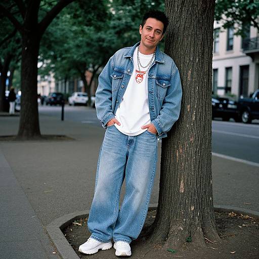 Photograph of a young man leaning against a tree, wearing a blue denim jacket, white shirt, blue jeans, and white sneakers, standing on a