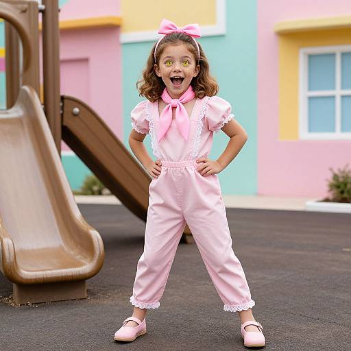 Photograph of a young girl with curly brown hair, wearing a pink bow, pink pinafore, and matching shoes, standing confidently in a colorful