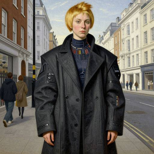 Digital art of a blonde woman with short hair, wearing a black patterned coat, standing on a city street with white and red brick buildings. She