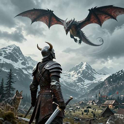 Digital fantasy artwork: armored knight with horns faces a swooping dragon over a snowy mountain village, with a wolf nearby.