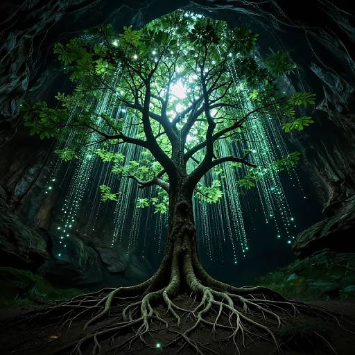 Majestic Tree in Bioluminescent Tunnel
