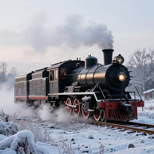 Photograph of a black steam locomotive with red wheels, emitting white smoke, traveling through a snowy, winter landscape on a railway track.