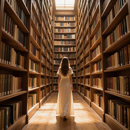 Photograph of a woman with long brown hair in a white dress, walking down a sunlit library aisle with tall, wooden bookshelves on both