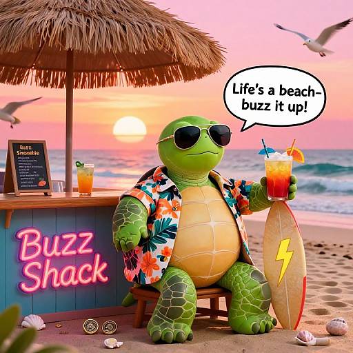 Digital artwork of a green turtle in a Hawaiian shirt, sunglasses, holding a cocktail, saying 