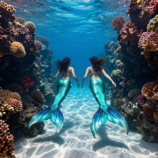 Photograph of two blue mermaids with shimmering scales, holding hands, swimming underwater through a vibrant coral reef with sunlight filtering through.
