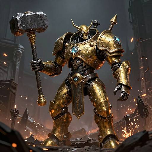 Digital art of a golden, armored war robot with glowing blue gems, holding a massive hammer in a fiery, ruined cityscape.