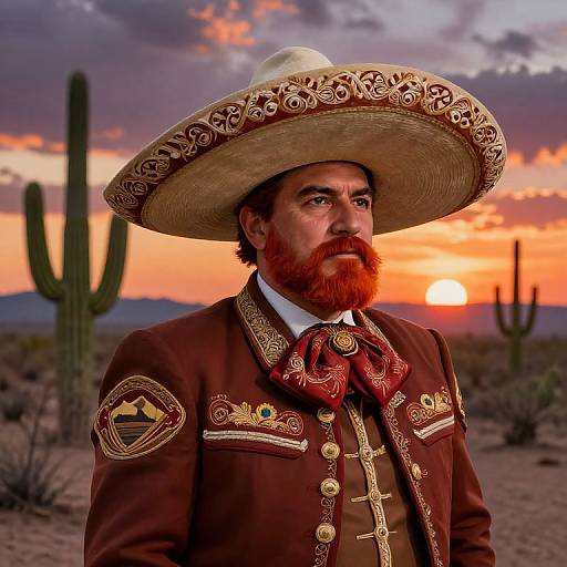 Photograph of a bearded man with a red beard, wearing a large, ornate sombrero, brown embroidered Western-style jacket, and red bow