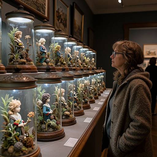 Photograph of a woman in a gray coat and glasses, standing in an exhibit room, admiring detailed doll dioramas in glass cases.