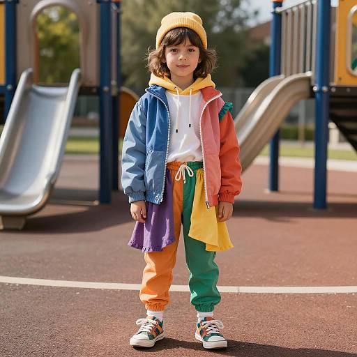 Young girl in colorful outfit (yellow beanie, blue-green-red jacket, multicolored pants, white sneakers) standing in sunny playground with slides and