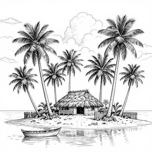 Serene Island Paradise Line Art