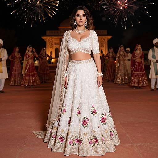 Photograph of a confident Indian woman modeling a white traditional lehenga with floral embroidery, gold jewelry, and a sheer dupatta, on a brightly lit