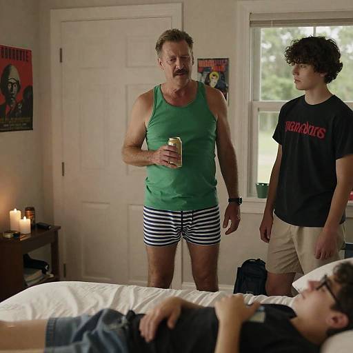 Middle-aged Man and Teenagers in Bedroom