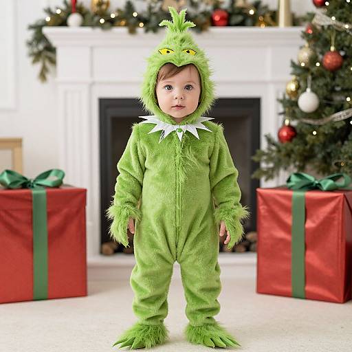 Photograph of a baby in a green dinosaur onesie with fluffy ears and tail, standing in front of a Christmas tree and white fireplace, with red