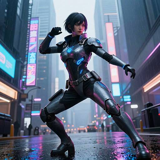CGI image of a futuristic, black armored, short-haired woman in a neon-lit, rainy city street, standing in a dynamic pose.