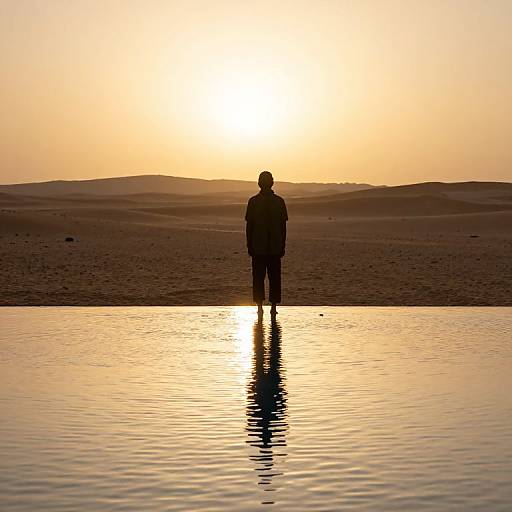Silhouetted person standing in shallow water at sunset, reflecting sun, on a sandy desert landscape, with golden sky and distant hills.