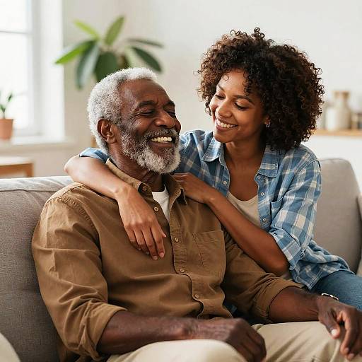Elderly Black Couple Embrace on Couch