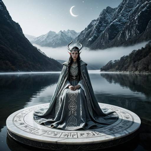 Majestic Elf Queen on Marble Dais by Mountain Lake