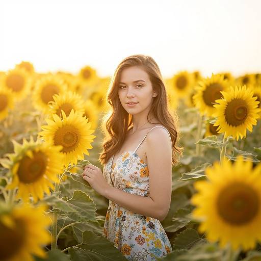 Young woman with long brown hair in a floral sundress standing in a sunlit sunflower field, smiling gently, surrounded by bright yellow flowers. Photograph