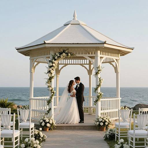 Photograph of a bride in a white gown and veil, and groom in a black suit, kissing under a white beach gazebo adorned with floral arrangements