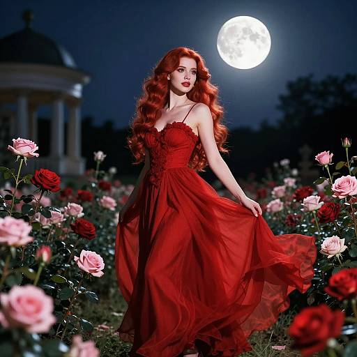 Photograph of a red-haired woman in a flowing red dress, standing in a moonlit rose garden, surrounded by pink and red roses. Full moon