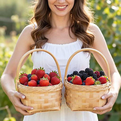 Smiling woman with long brown hair in white dress, holding two wicker baskets filled with strawberries and blackberries, outdoor sunlight.