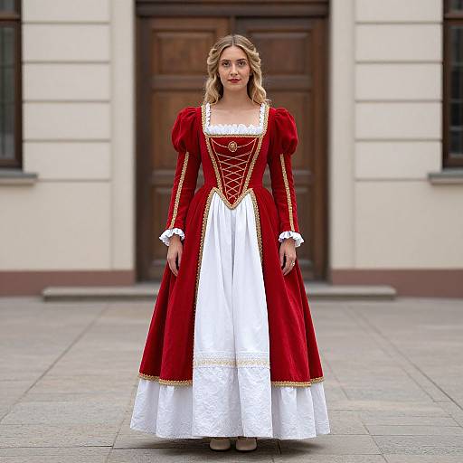 Blonde woman in red velvet Renaissance dress with white lace and gold trim, standing in front of a wooden door. Photorealistic CGI.