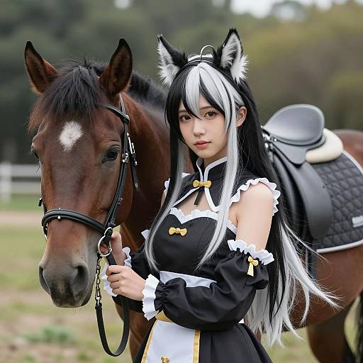 Woman in Umamusume-inspired cosplay with horse