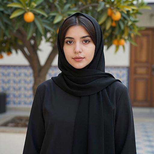 Photograph of a young woman with fair skin and dark hair, wearing a black hijab and abaya, standing in front of an orange tree with