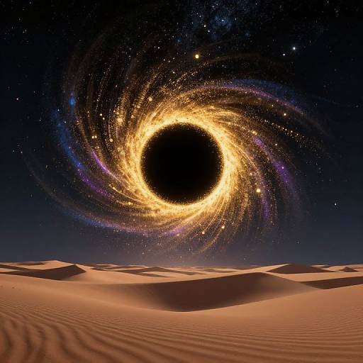 Digital artwork of a bright, glowing black hole with swirling, golden-yellow energy spirals against a starry night sky, set over an endless, rip