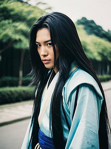 Photorealistic digital art of an Asian woman with long black hair, wearing a light blue kimono, standing outdoors with a blurred green park background.