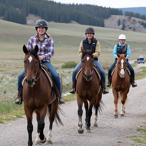 Photograph of three riders, two women and one man, in helmets and casual clothes, riding brown horses on a gravel road through a green, h