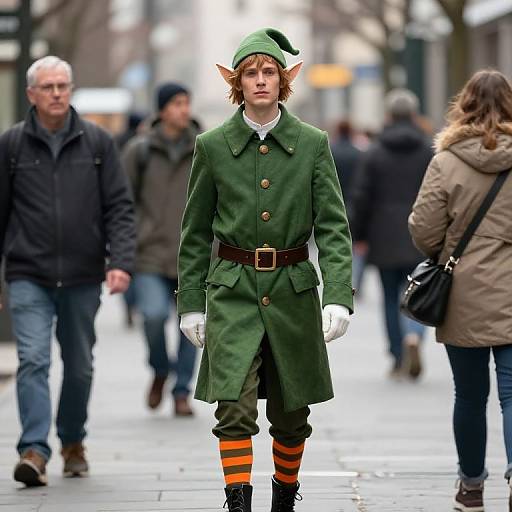 Male Elf in Green Coat on Street
