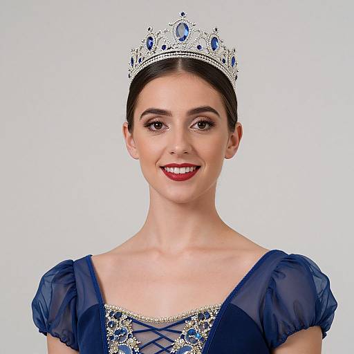 Photograph of a fair-skinned woman with dark hair, wearing a silver tiara with blue gems, and a navy blue, lace-trimmed