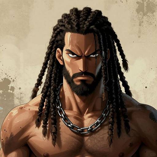 Digital art of a muscular, shirtless Black man with dreadlocks, beard, intense expression, and a heavy chain necklace, against a textured beige background