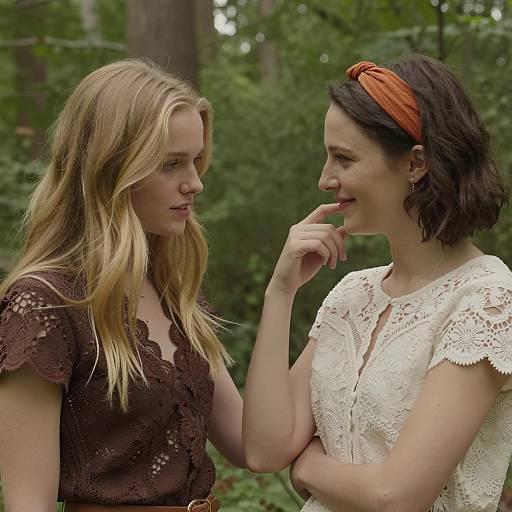 Two Women Conversing Outdoors in Forest