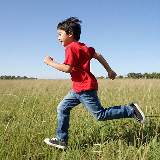 Photograph of a young boy with short black hair, wearing a red t-shirt, blue jeans, and black sneakers, running through a sunny, grass