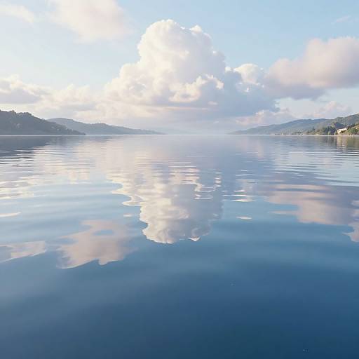 Photograph of a calm, reflective lake under a bright blue sky with white clouds, surrounded by distant, green, hilly landscapes.