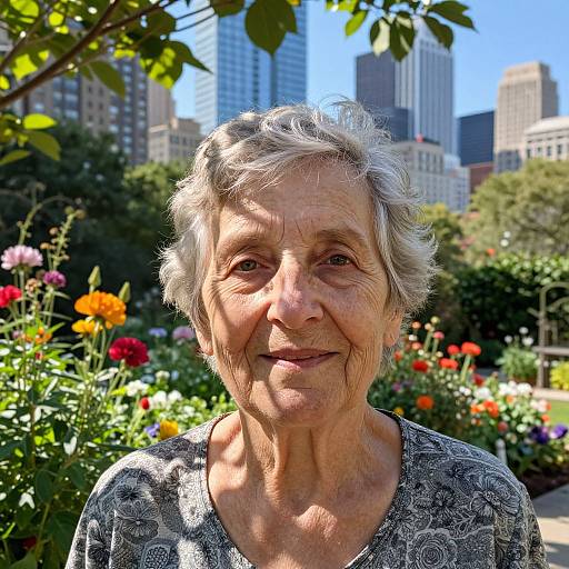Photograph of an elderly woman with short gray hair, smiling, wearing a patterned shirt, in a vibrant urban garden with colorful flowers and city skys