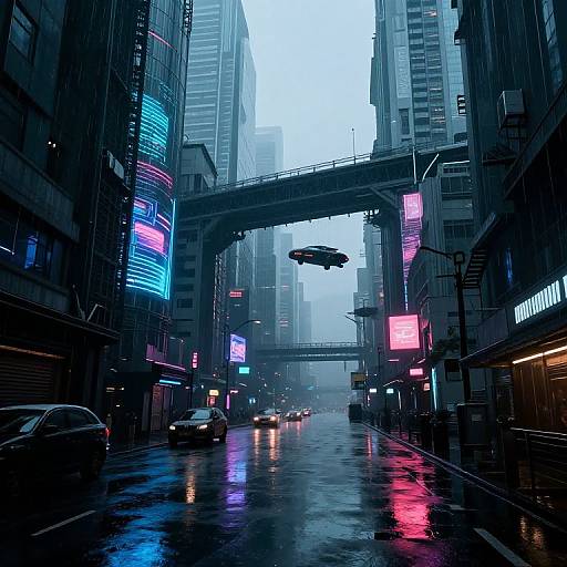 Cyberpunk city street photograph at night: neon lights reflect on wet pavement, tall skyscrapers, overpass, flying drone, and cars in