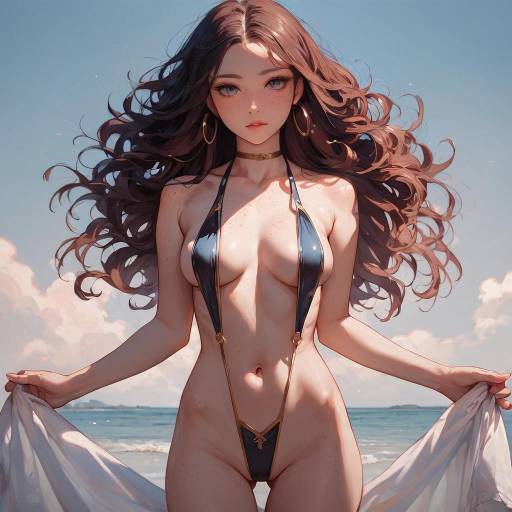 Woman Wearing Metallic Monokini at Beach